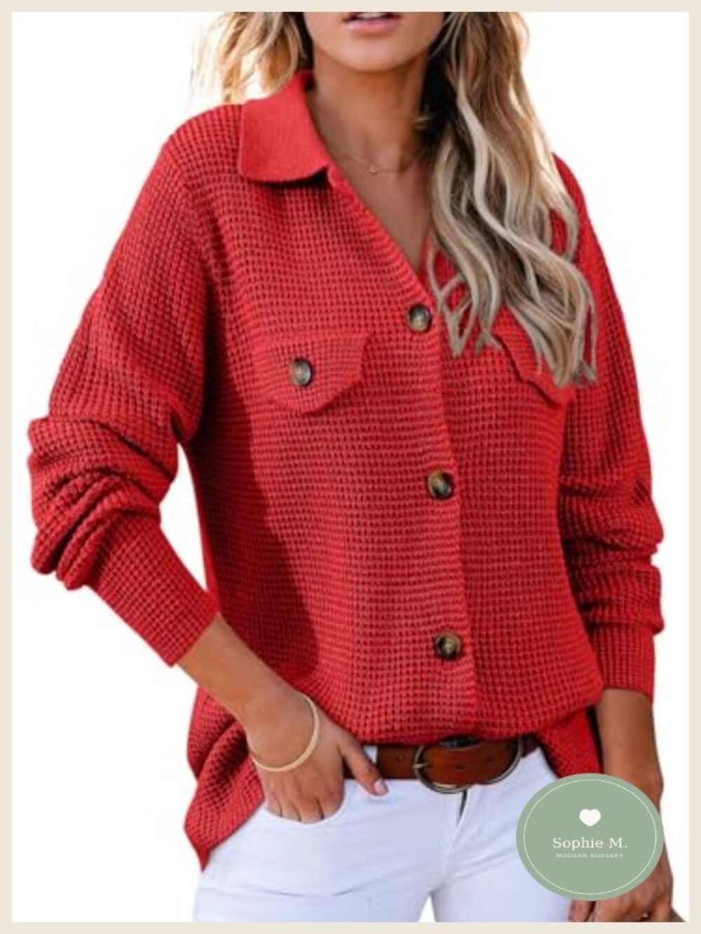 Waffle Knit Shacket Jacket Button Down Long Sleeve Cardigan Blouse Tops